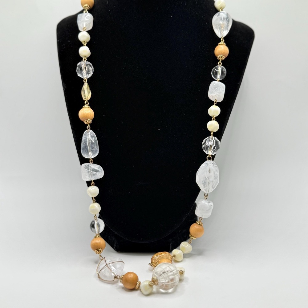 28" Robert‎ Rose Necklace w/ Acrylic Beads, Wood Beads, & Gold Tone Findings